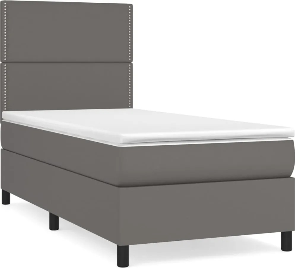 vidaXL Pat box spring cu saltea, gri, 90x200 cm, piele ecologică