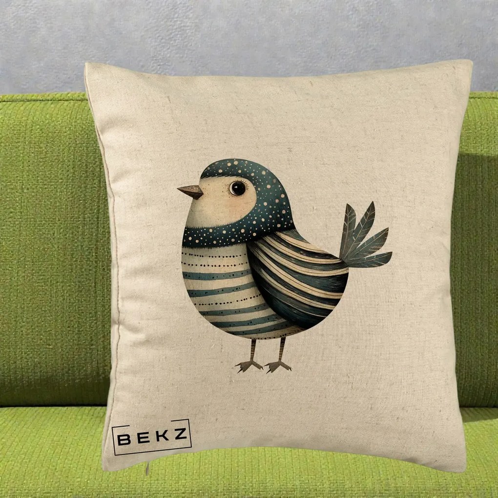 Perna Decorativa Pasare Teal Decorativa Dungata, 40x40 cm, Bej, Husa Detasabila, Perna Inclusa, BEKZ®