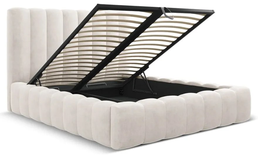 Pat matrimonial crem tapițat cu spațiu de depozitare cu somieră 160x200 cm Kelp – Micadoni Home