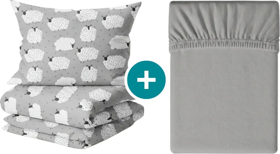 Set lenjerie de pat creponata WHITE SHEEPS POLY gri + cearsaf Jersey 90 x 200 cm gri, pat single