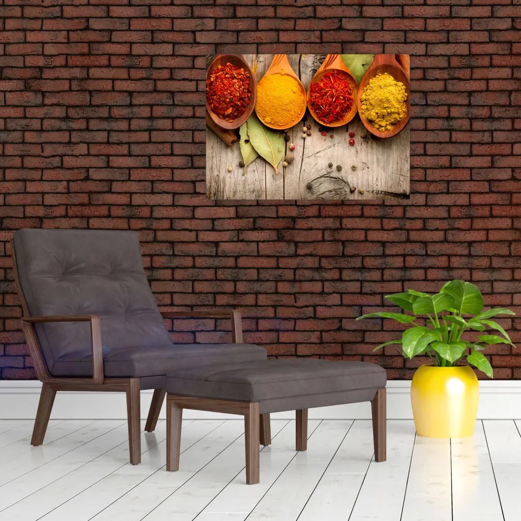 Tablou pe sticlă - Condimente pe lemn (70x50 cm)