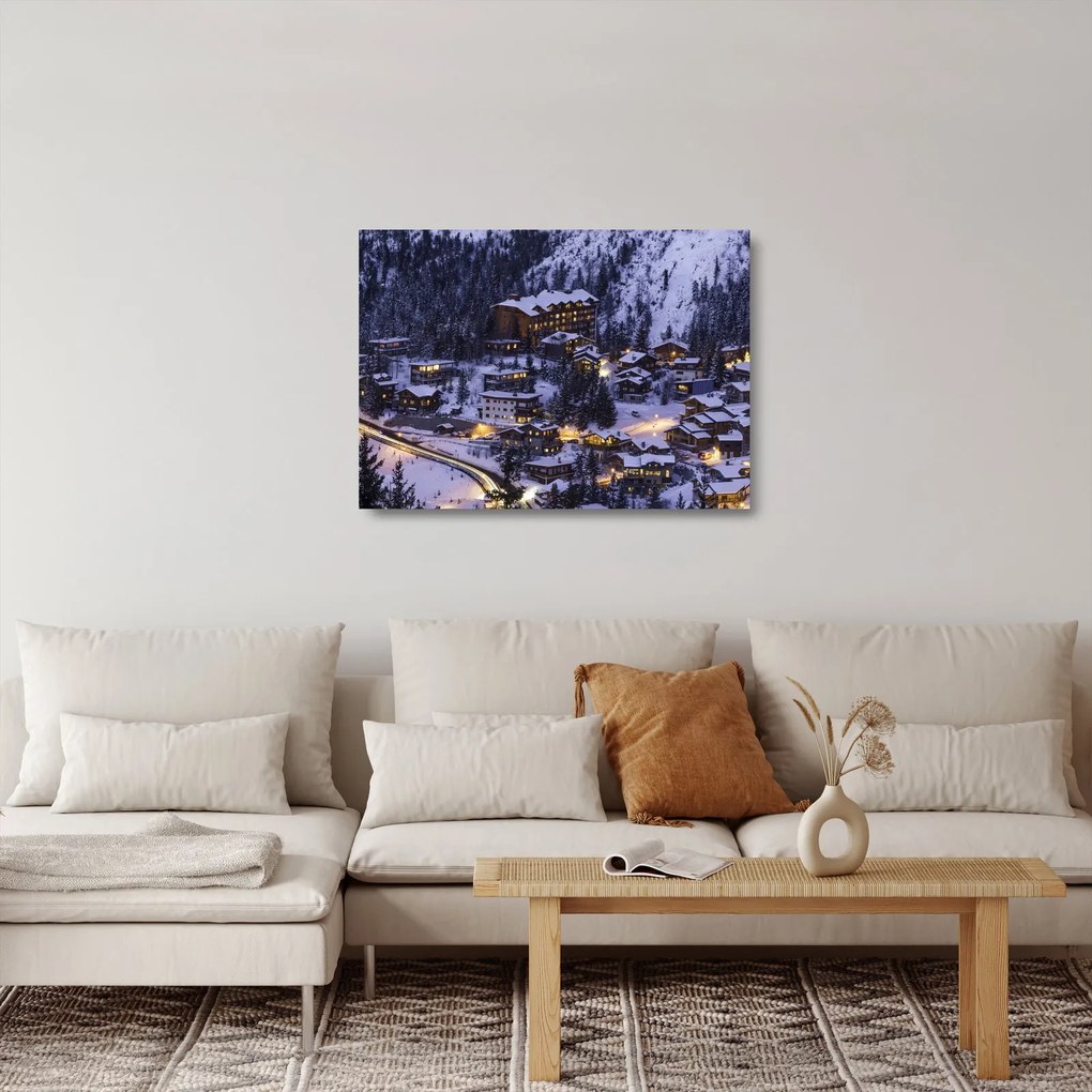 Tablou pe sticlă - orășelul montan iarna (70x50 cm)