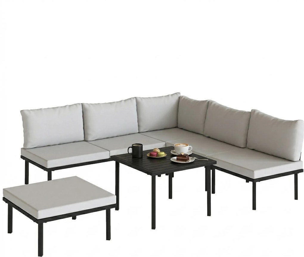 Outsunny Set lounge mobilier grădină 5-6 persoane, canapea 2 locuri, 2 scaune, scaun colțar, masă tip lamele, taburet | Aosom Romania