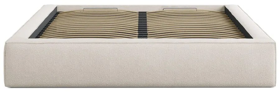 Pat matrimonial crem tapițat cu spațiu de depozitare cu somieră 200x200 cm Simon – Micadoni