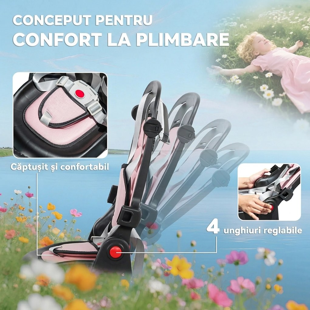 AIYAPLAY Tricicletă 6 în 1 pentru Copii, cu Mâner Parental și Scaun Rotativ, 111,5x52x98 cm, Roz | Aosom Romania