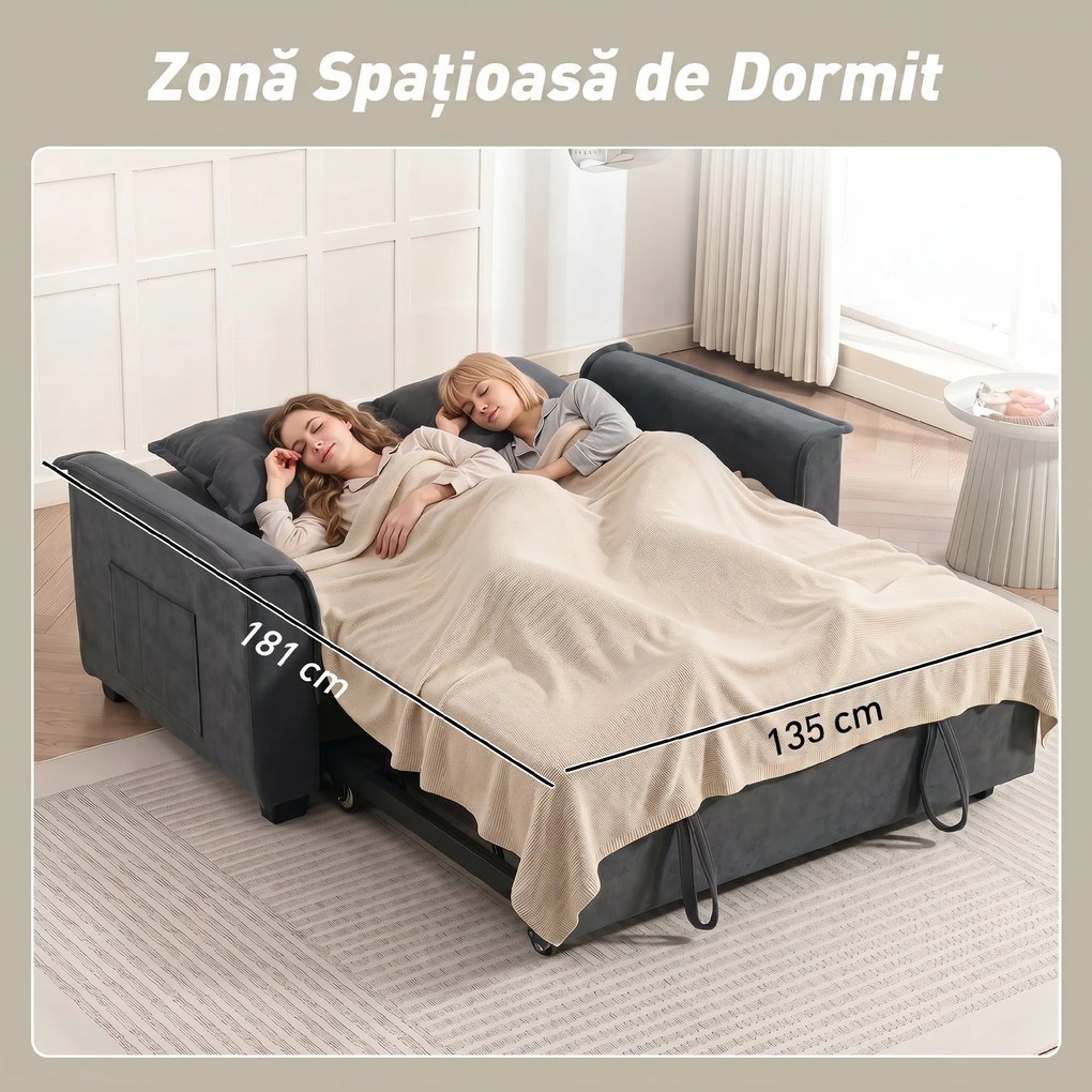 HOMCOM 3 în 1 Canapea Extensibilă 2 Locuri cu Spătar Reglabil în 3 Poziții și 2 Perne Chenille, Gri Închis | Aosom Romania