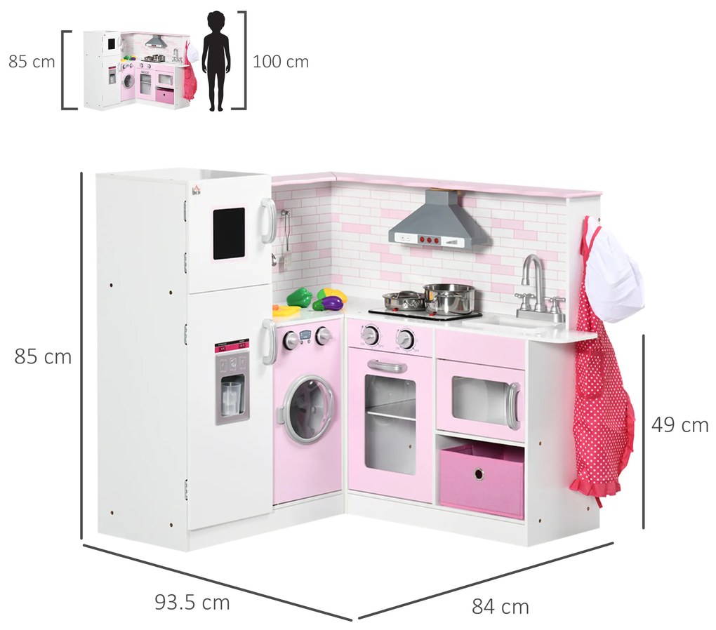 Bucatarie de jucarie pentru copii 3-6 ani cu lumini realiste si ustensile de bucatarie, MDF si PP, 84x93,5x85cm alb si roz HOMCOM | Aosom Romania