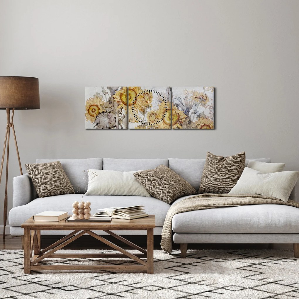 Tablou - Floarea-soarelui pe perete (cu ceas) (90x30 cm)