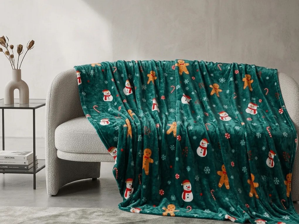 Patura microplus de Craciun SNOWMAN AND GINGERBREAD verde Dimensiune: 200 x 220 cm