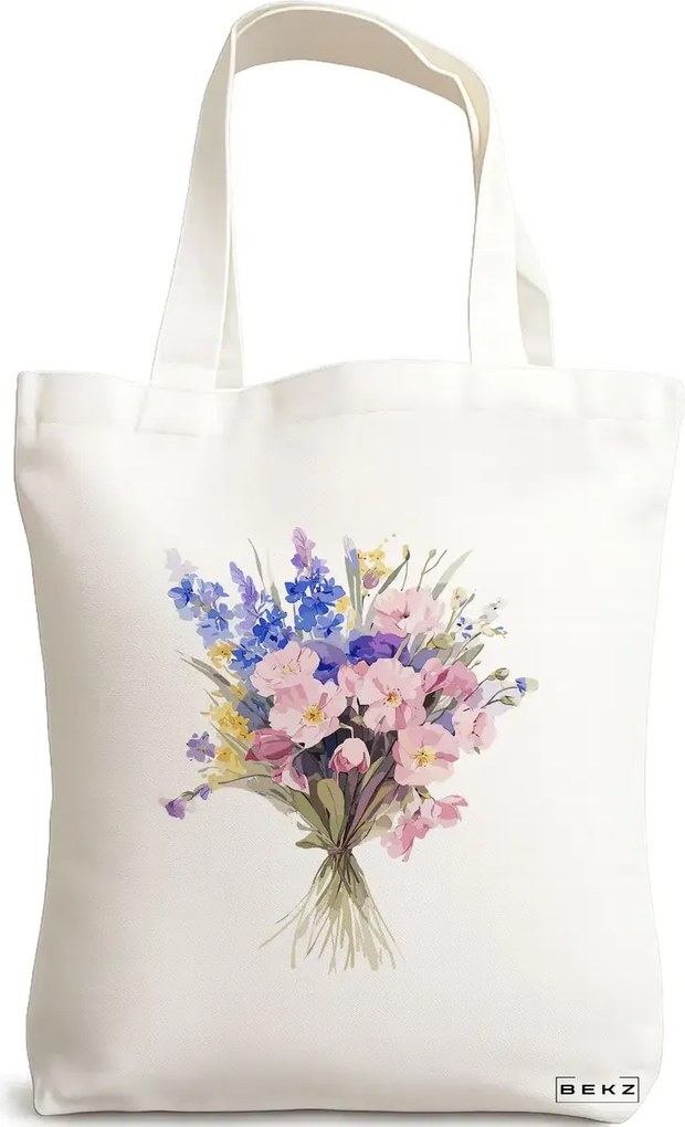 Sacosa de Panza pentru Cumparaturi, Geanta Tote, model Flower Bouquet 7, 38 x 34.5 cm, Alba, BEKZ®
