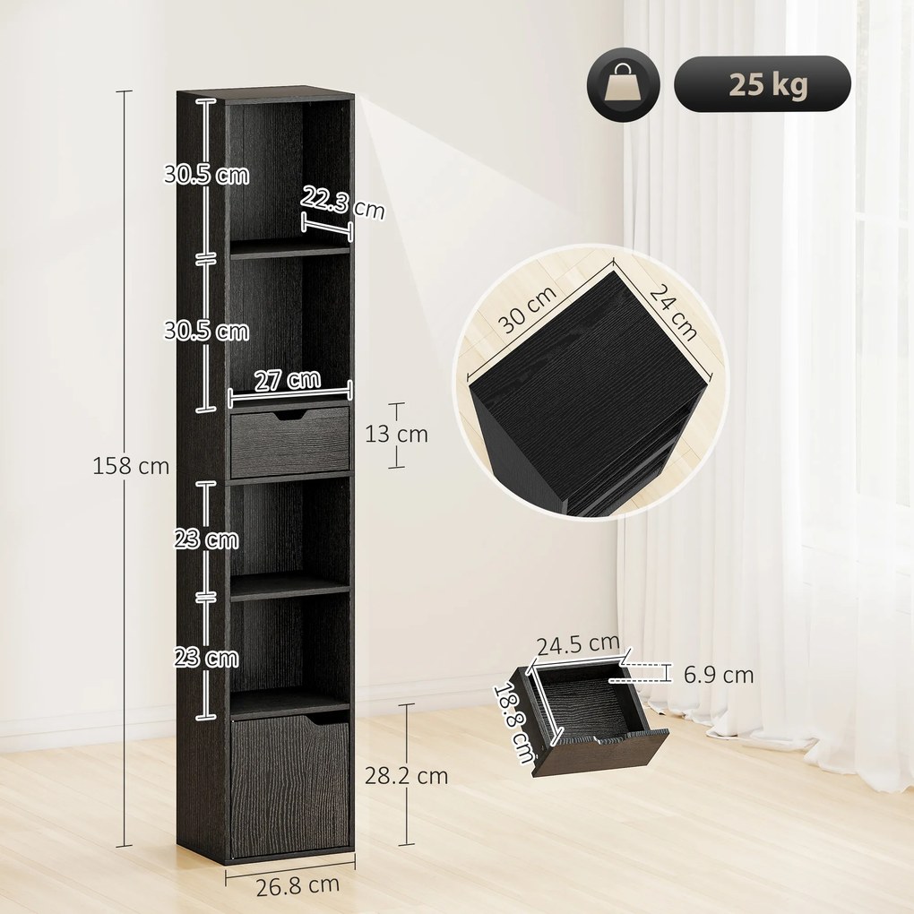 HOMCOM Bibliotecă cu 4 Rafturi Deschise, Dulap și Sertar, 30x24x158 cm, Negru | Aosom Romania