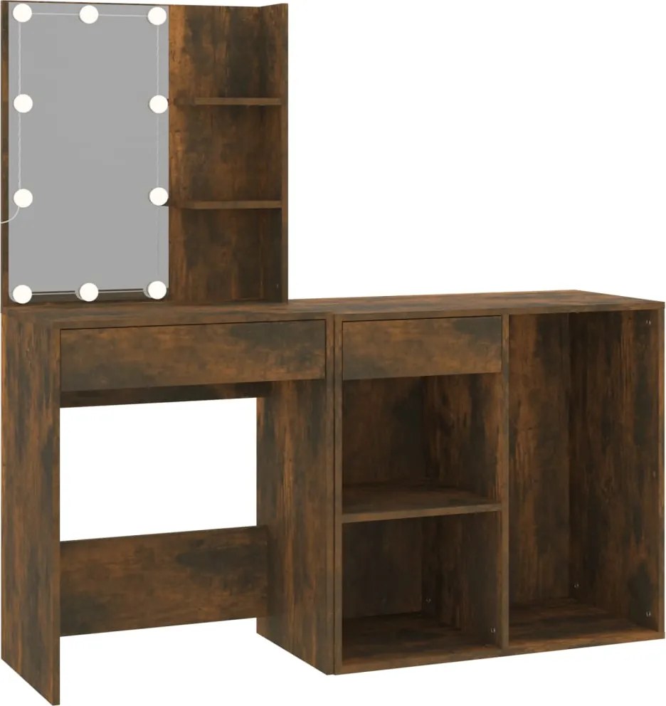 vidaXL Măsuță de toaletă cu LED și dulap stejar fumuriu lemn prelucrat