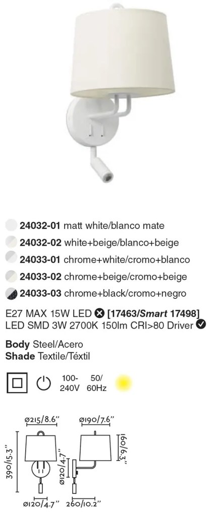 Aplica perete cu reader LED moderna design elegant MONTREAL crom/alb