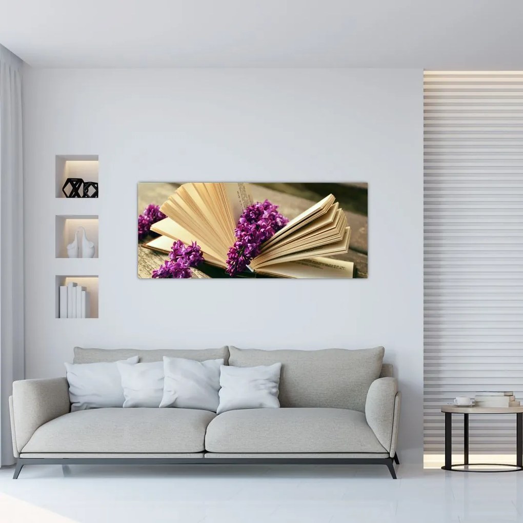 Tablou cu carte și floare violetă (120x50 cm)