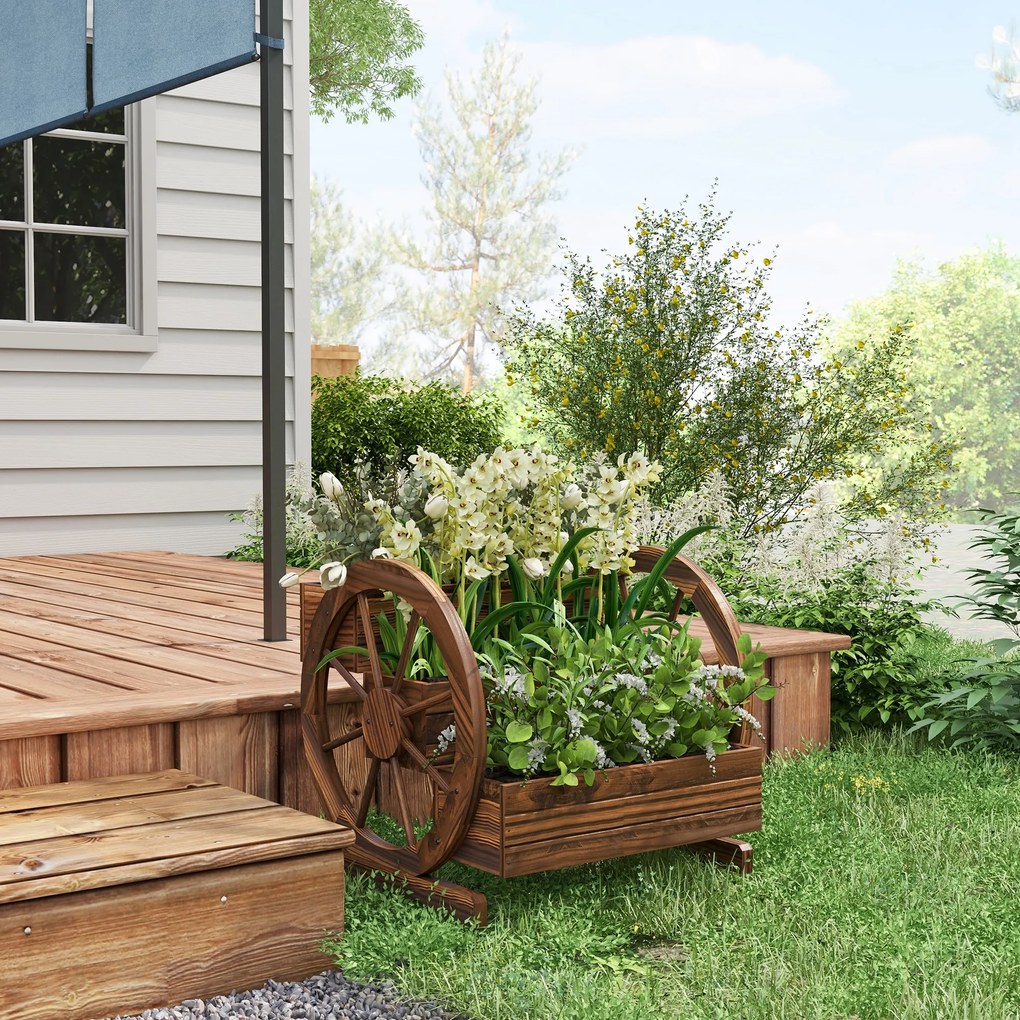 Outsunny Jardinieră de Exterior cu 3 Niveluri și Roți Decorative, din Lemn de Brad cu Orificii de Drenaj, pentru Legume și Flori, pentru Balcon sau Terasă, 62x61x57 cm, Carbonizat | Aosom Romania