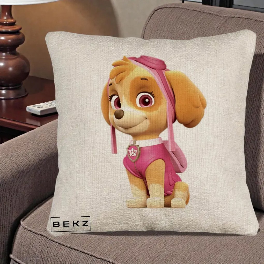 Perna Personalizata Skye PAW Patrol Roz, 40x40 cm, Bej Canapea, Husa Detasabila, Perna Inclusa, BEKZ®