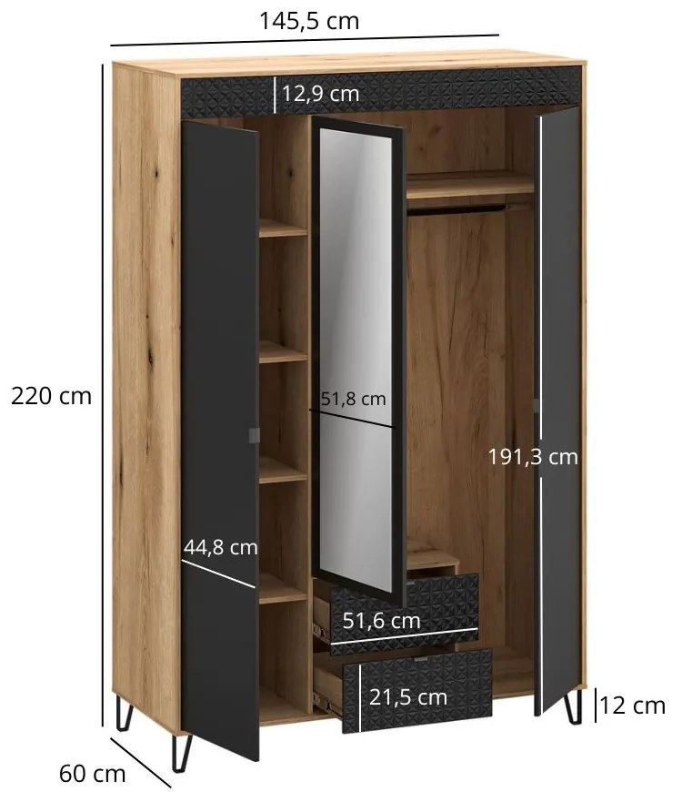 Dulap de haine Botones 2 (stejar evoke + negru) (cu oglindă). 1116775