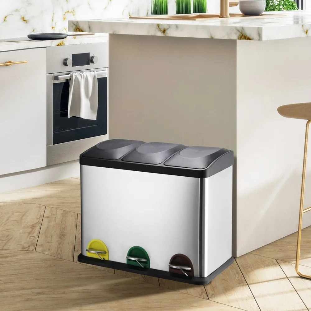 Coș de gunoi argintiu mat pentru reciclare/cu pedală 3x20 l din oțel Tri Selectif – MSV