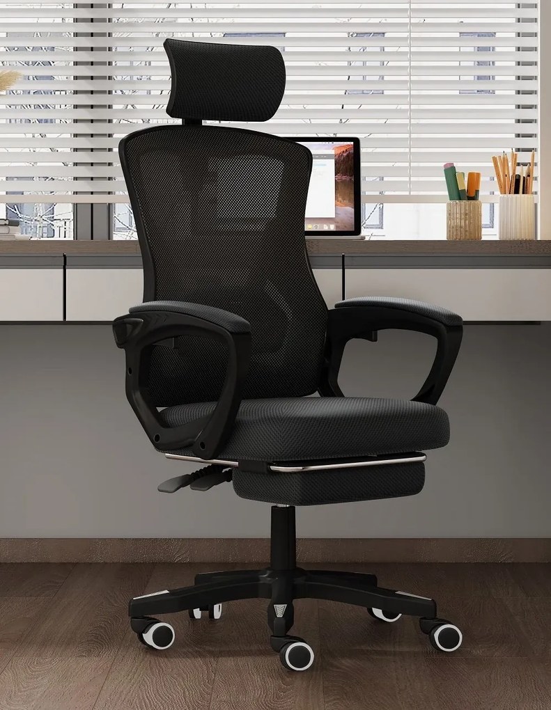 Scaun ergonomic cu suport lombar, pivotant 360°, tetieră reglabilă, suport pentru picioare, Mesh, Negru