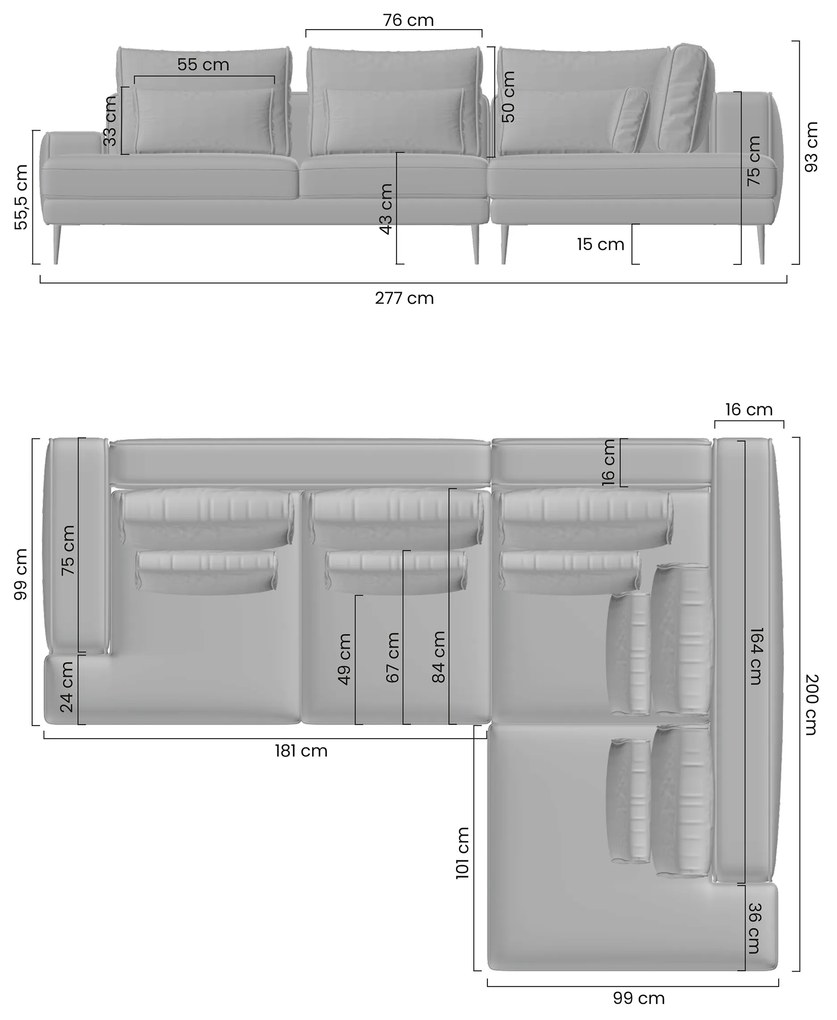 Colțar extensibil stânga Nicole L - Material textil gri Hevia 207.17, picioare negre