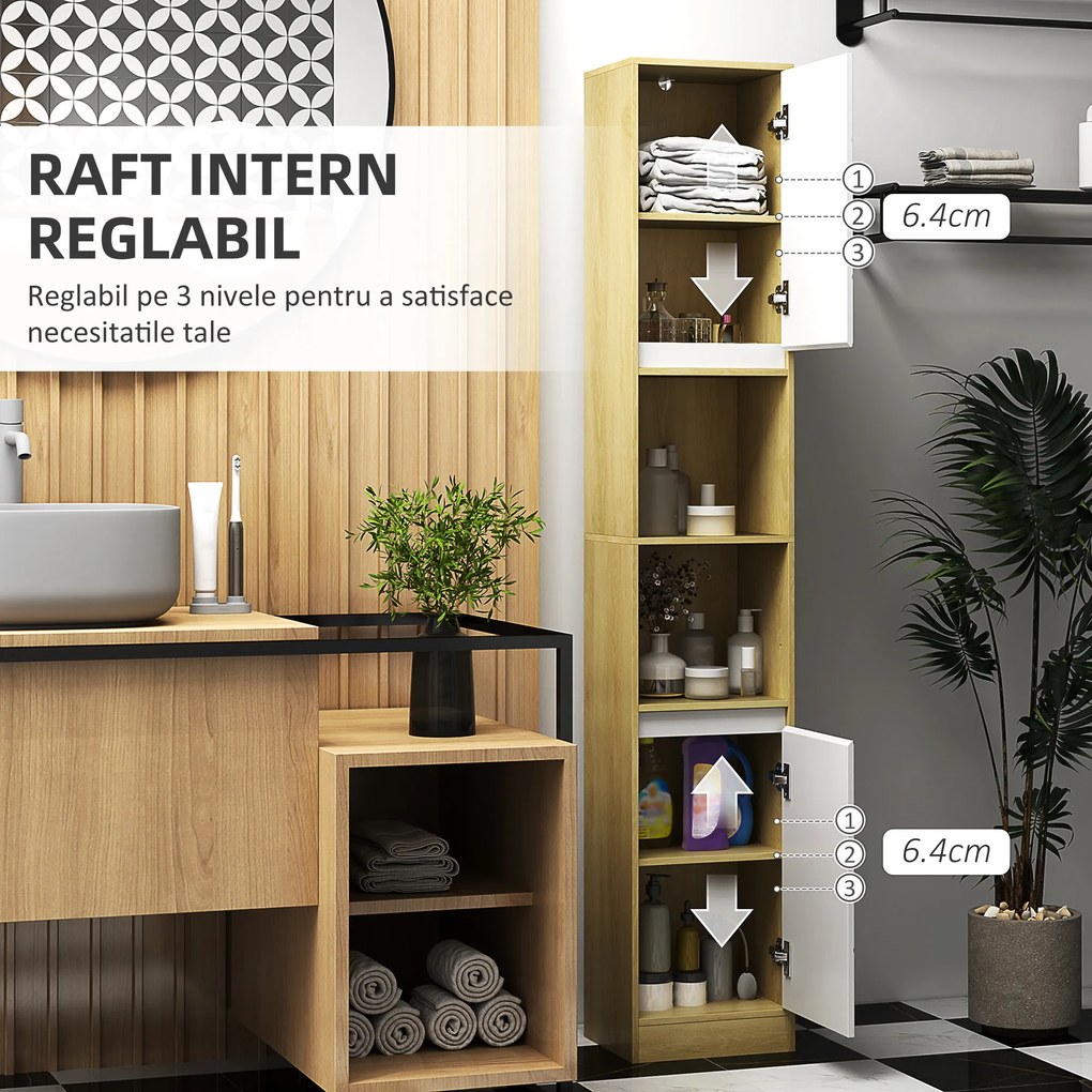 HOMCOM Dulap Baie Înalt Spațios, Mobilier de Baie cu 2 Dulapuri și Rafturi Reglabile, 30x24x170 cm, Lemn Natural | Aosom Romania