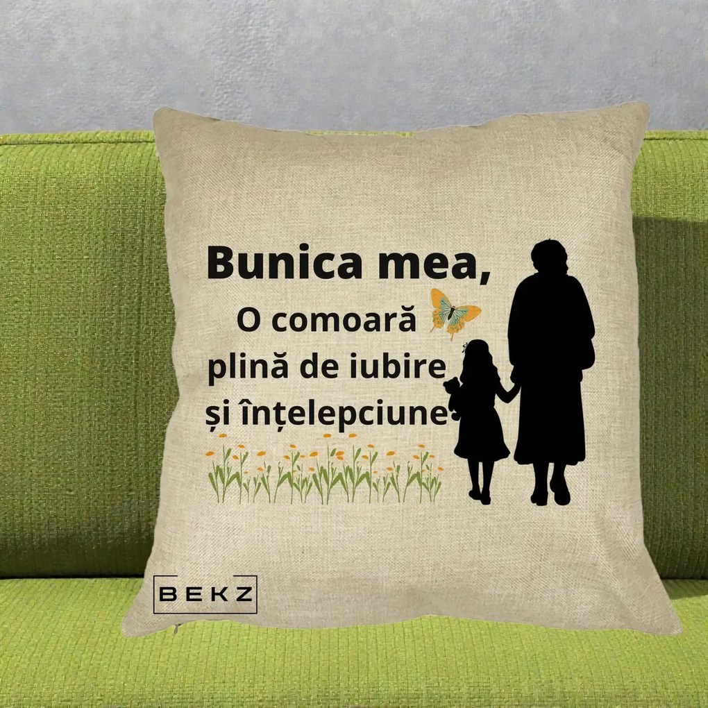 Cadou pentru Bunica - Perna Personalizata Bunica Mea Comoara Iubire Intelepciune Varianta Extinsa, 40x40 cm, Crem, Husa Detasabila, Perna Inclusa, BEKZ®