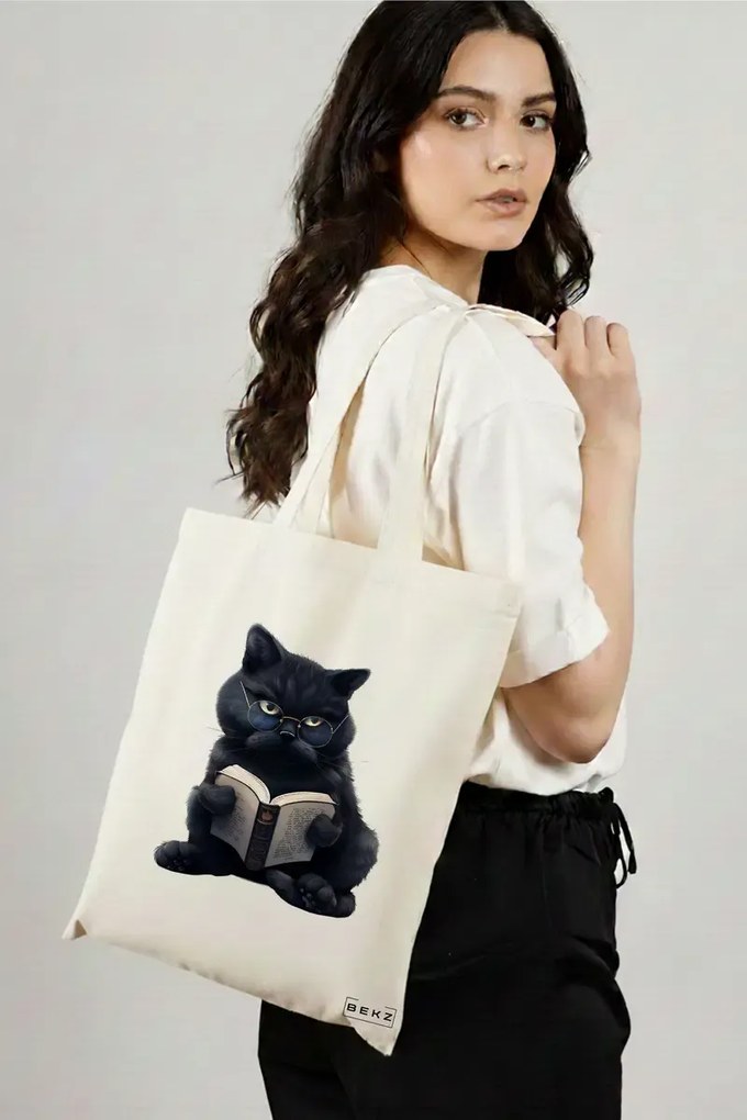 Sacosa de Panza pentru Cumparaturi, Geanta Tote, model Reading cat 9 38 x 34.5 cm, Alba, BEKZ®