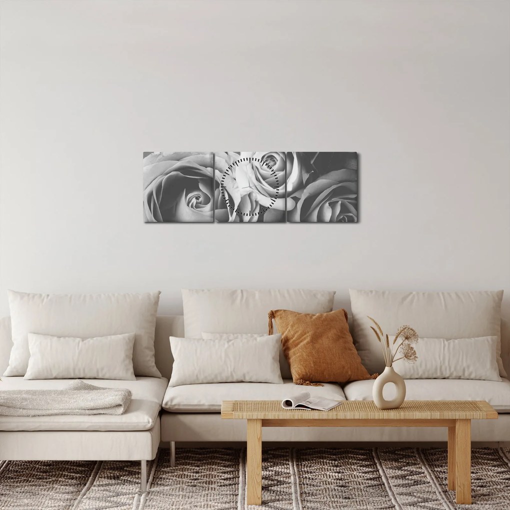 Tablou - Trandafir,alb-negru (cu ceas) (90x30 cm)