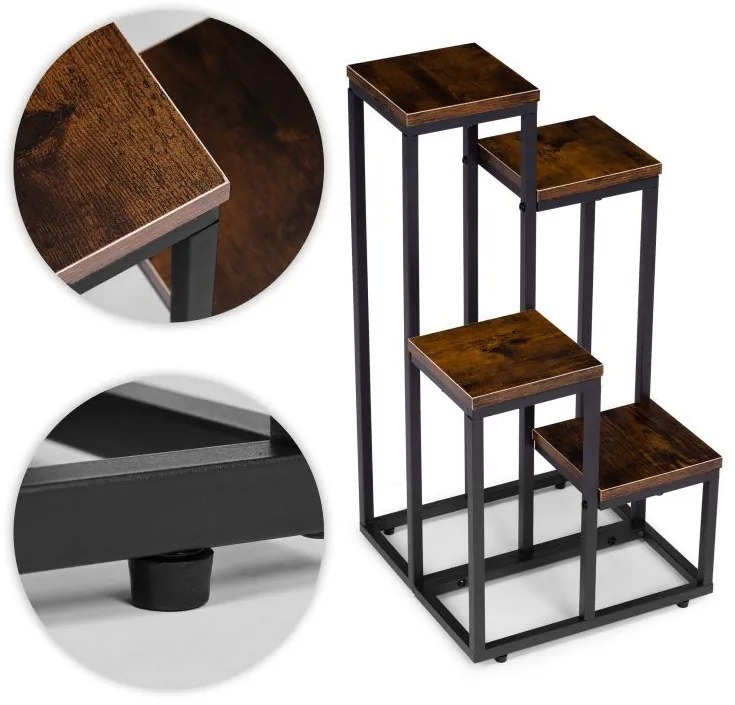 Suport pentru flori Loft - 4 rafturi, oțel negru și decor din lemn