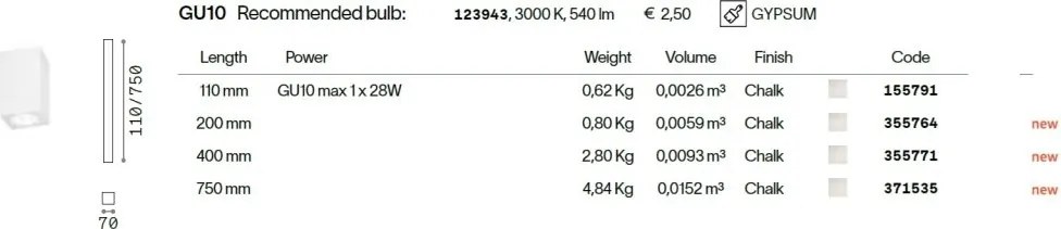 Spot aplicat tavan LOOK PL1 SQUARE D70 H200 GESSO