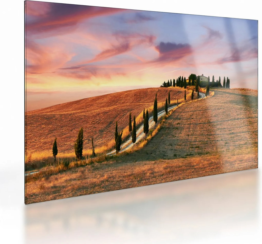 Tablou pe sticlă - Casa pe deal Toscana, Italia (70x50 cm)