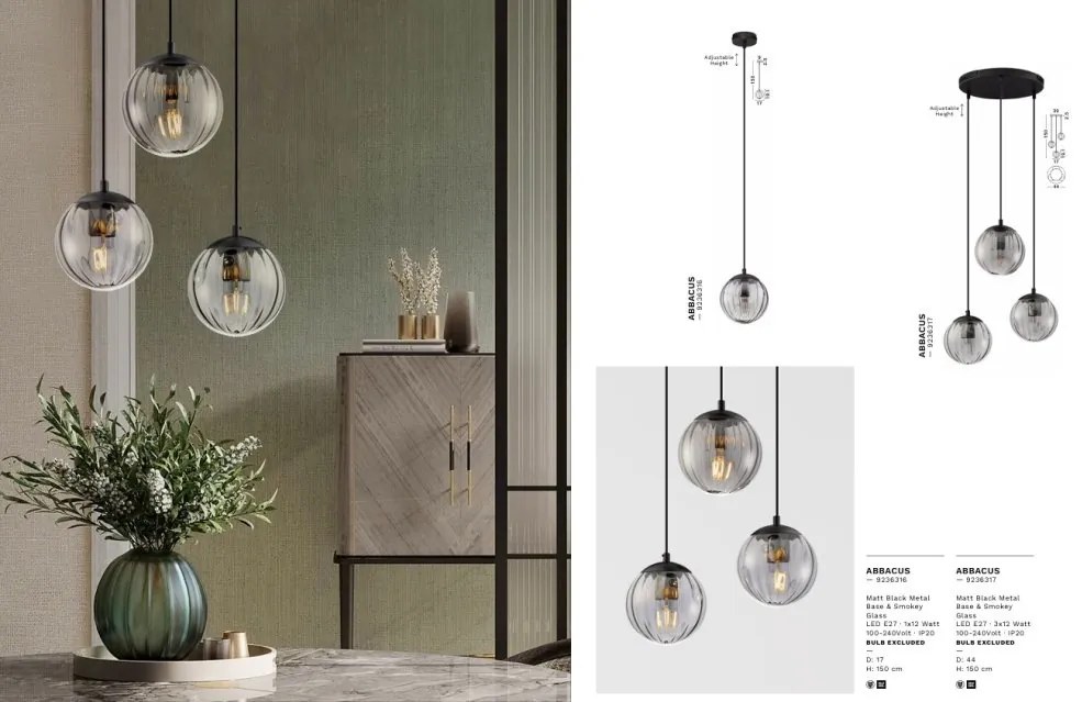 Lustra moderna cu 3 pendule, Metal, Negru, Sticla, Fumurie, ABBACUS