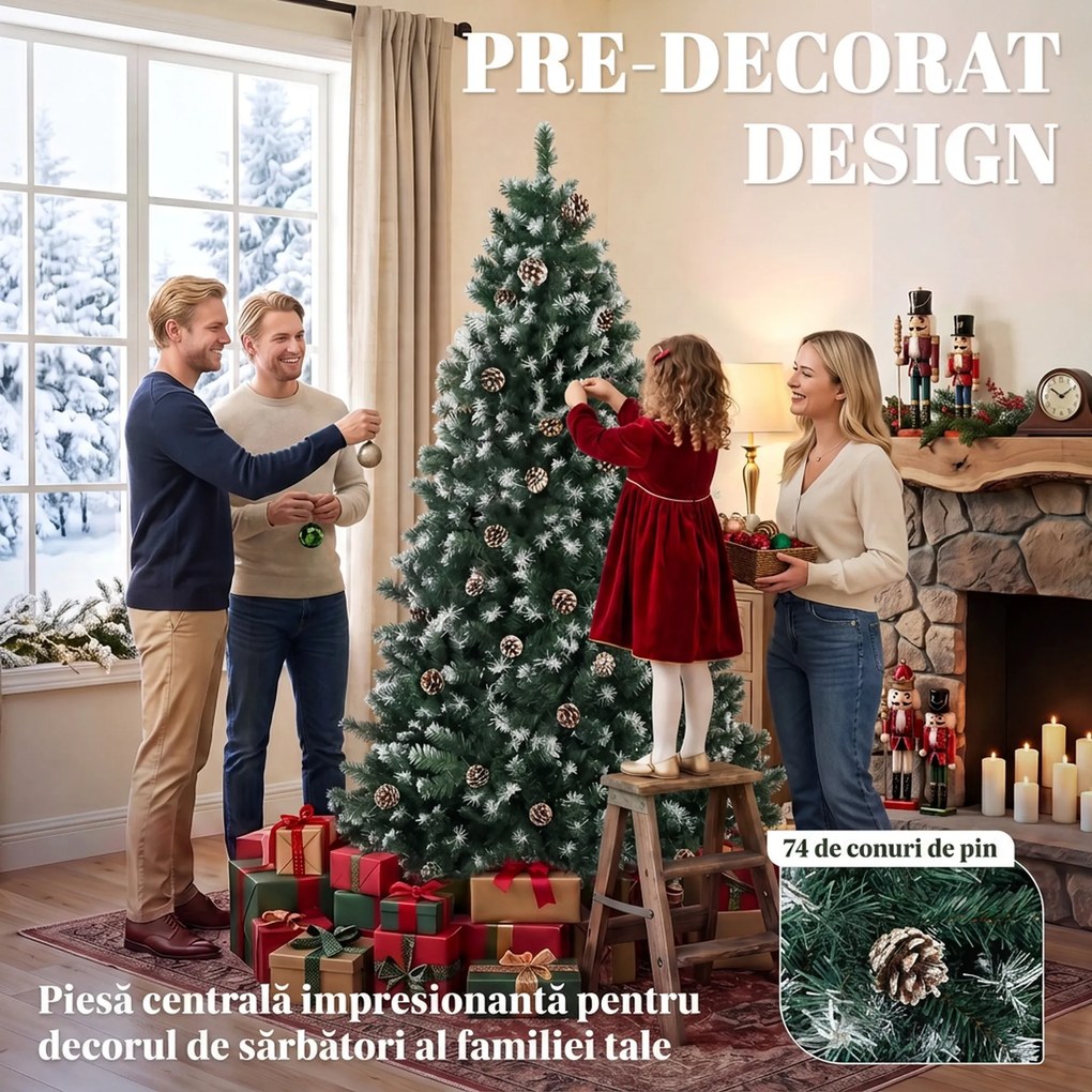 HOMCOM Brad Crăciun Artificial 210cm, 998 Ramuri Ninse Conuri Pin, Deschidere Automată, Bază Pliabilă, Verde | Aosom Romania