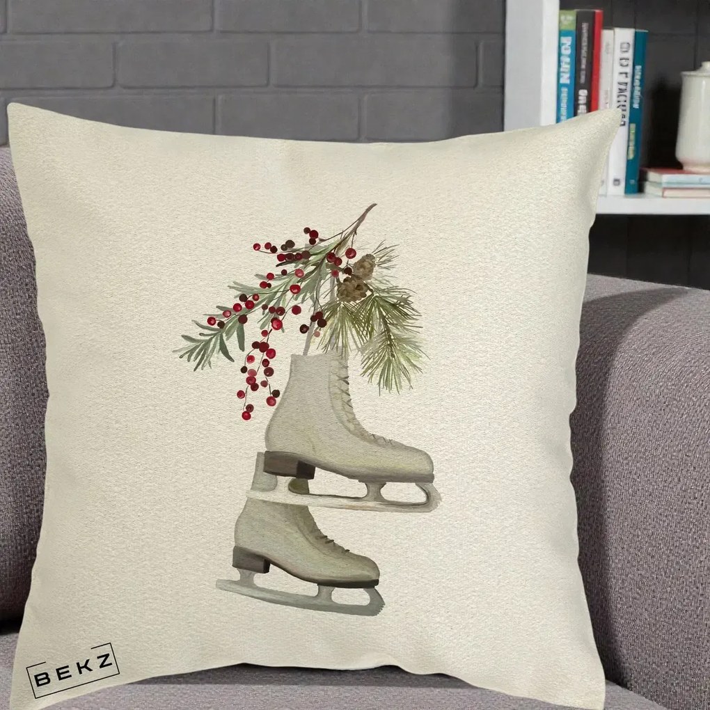 Perna Decorativa Patine cu Ramuri de Brad si Afine, 40x40 cm, Ecru, Husa Detasabila, Perna Inclusa, BEKZ®