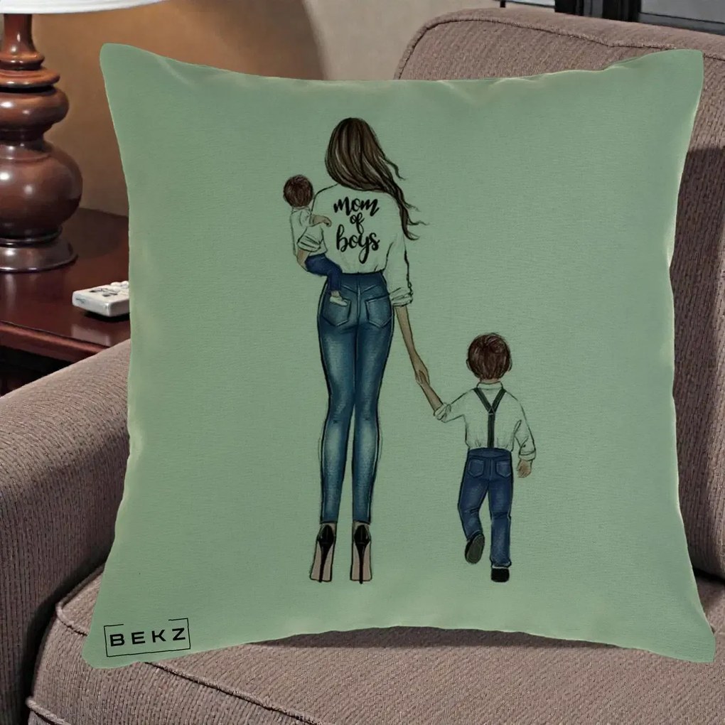 Cadou pentru Mama - Perna Personalizata Mom of Boys Mama cu Baietii, 40x40 cm, Verde, Husa Detasabila, Perna Inclusa, BEKZ®