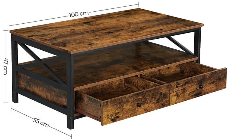 Masuta de cafea cu 2 sertare si raft, 100 x 55 x 47 cm, PAL melaminat / metal, maro, Vasagle