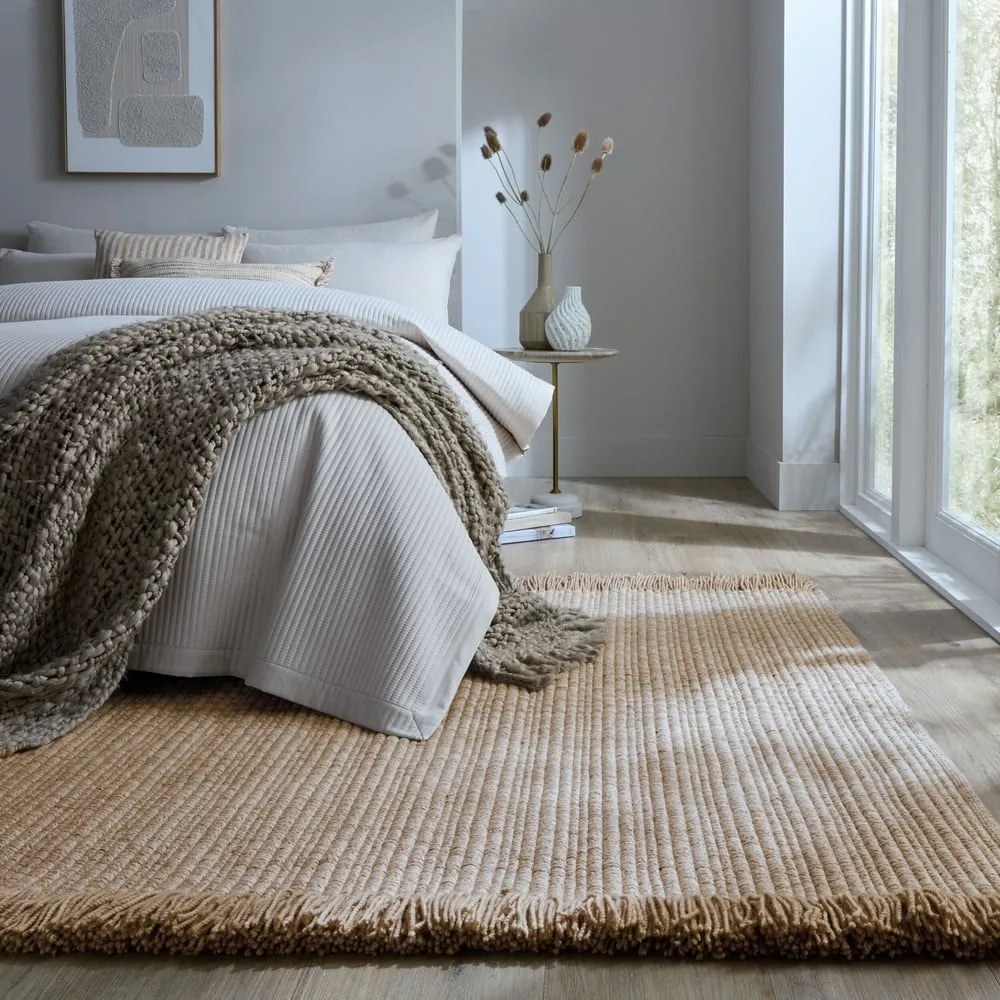 Covor bej țesut manual din amestesc de lână 160x230 cm Rene Fringed Ribbed – Flair Rugs