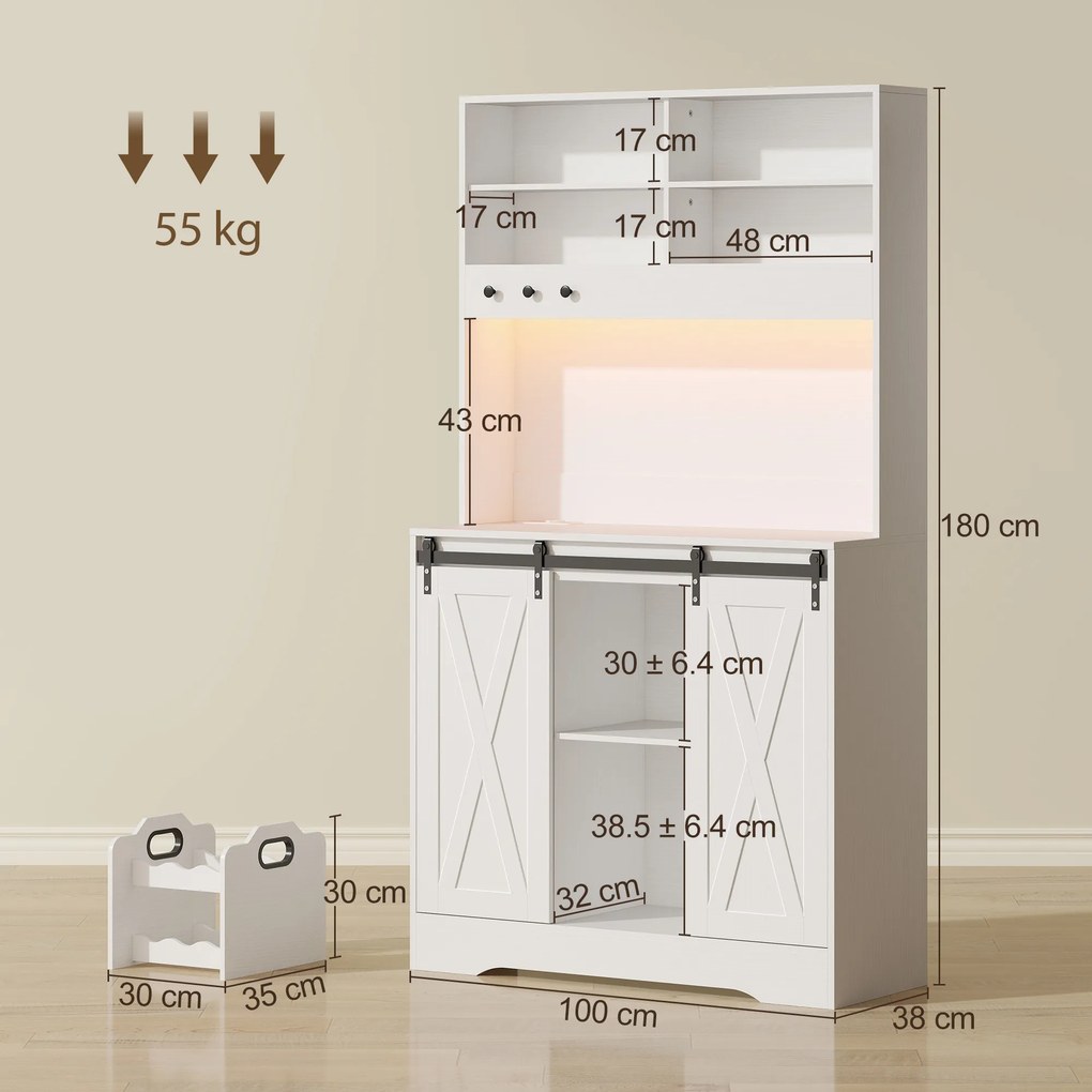 HOMCOM Servantă de Bucătărie Rustică 180 cm, Dulap cu Priză de Alimentare, Lumini LED, Suport pentru Sticle, Suprafață pentru Cuptor cu Microunde, Rafturi Deschise, Uși Glisante, Orificiu pentru Cabluri, Alb | Aosom Romania