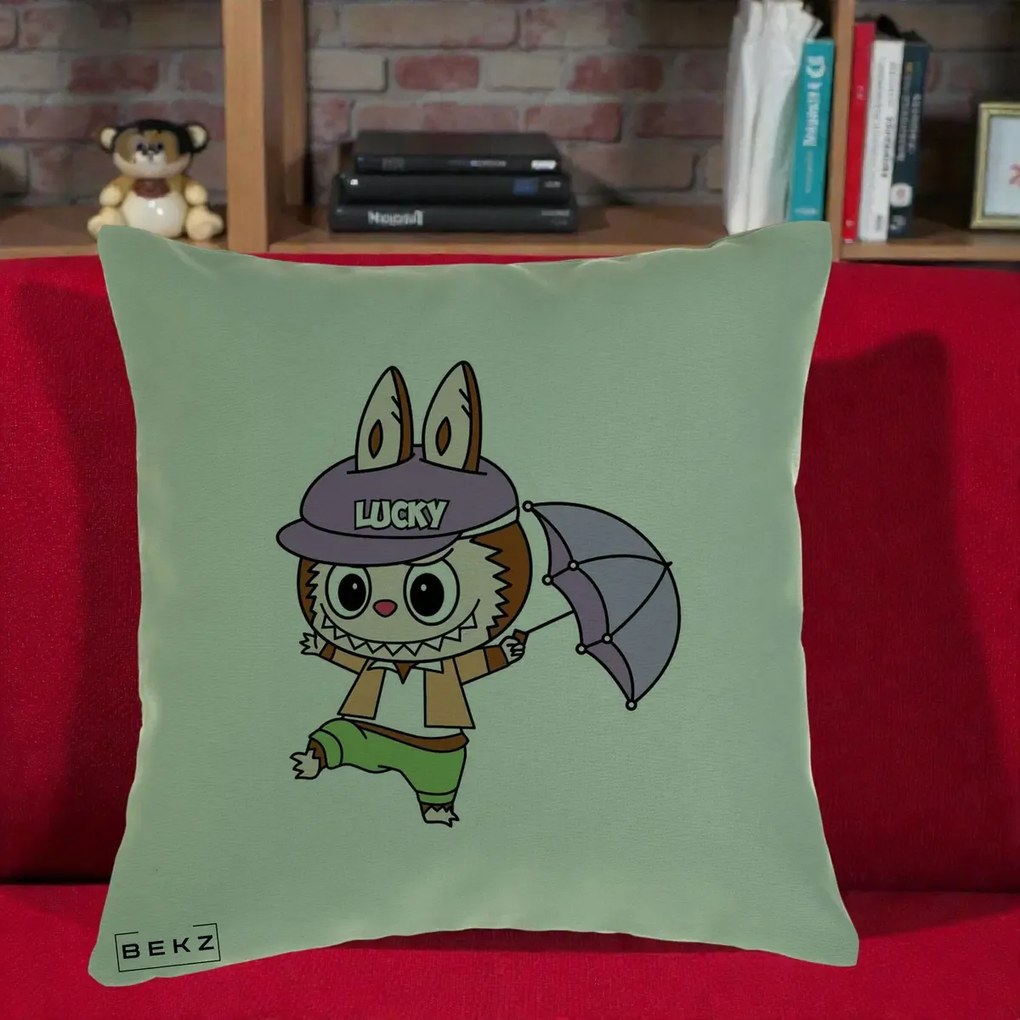 Perna Personalizata Labubu Lucky cu Umbrela, 40x40 cm, Verde, Husa Detasabila, Perna Inclusa, BEKZ®