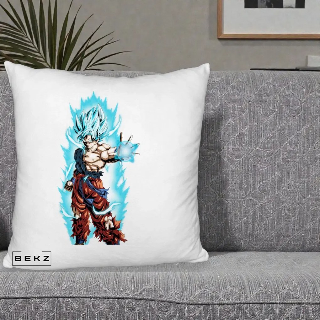 Perna Personalizata Dragon Ball Goku Ultra Instinct Blue, 40x40 cm, Alb Pufos, Husa Detasabila, Perna Inclusa, BEKZ®