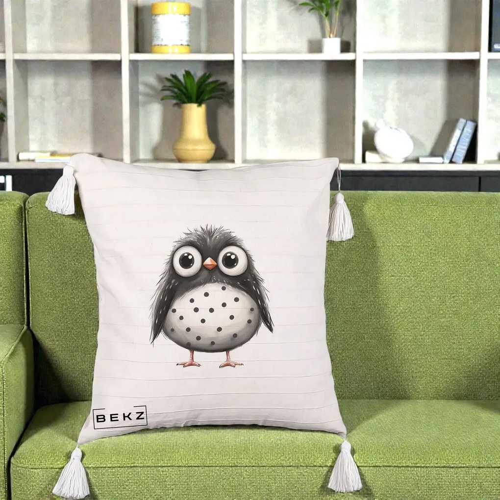 Perna Decorativa Bufnita Neagra cu Buline Albe, 40x40 cm, Bej cu Franjuri, Husa Detasabila, Perna Inclusa, BEKZ®