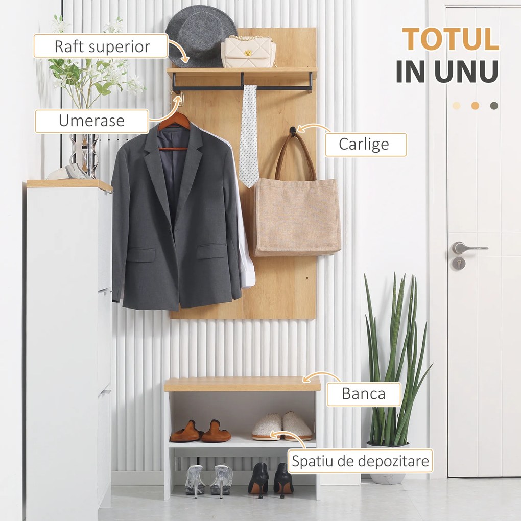 HOMCOM Entryway Organizer with Shoe Bench, Shoe Rack, Hall Tree with 4 Hooks, Coat Rack for Hallway, White and Natural | Aosom Romania