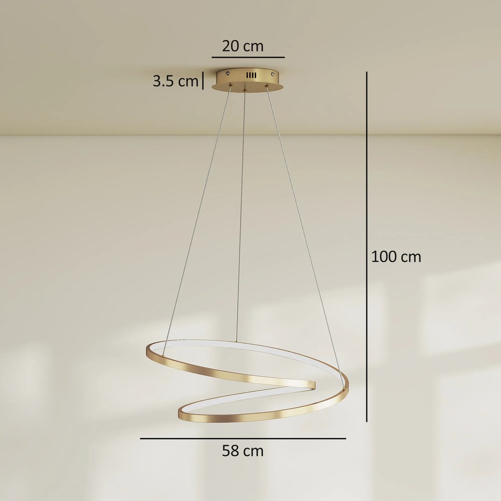 HOMCOM Lampă suspendată LED 38W cu 2 inele și 3 temperaturi de culoare, 3000-6500K, înălțime reglabilă, auriu | Aosom Romania