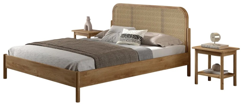 Set mobilier OLIVE copii pentru dormitor, pat 160x200 cm cu capăt rotunjit din rattan și două noptiere, culoare stejar – Vipack