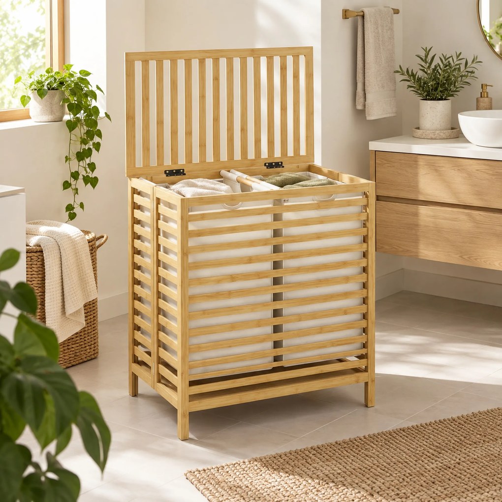 HOMCOM Coș de Rufe din Bambus 64L cu Capac, 2 Saci din Material Oxford Detașabili și Lavabili, Culoare Lemn | Aosom Romania