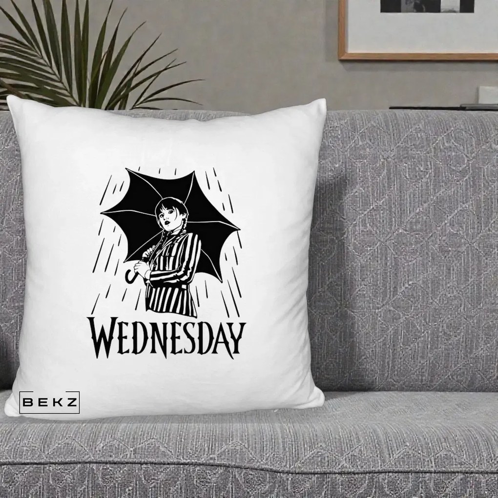 Perna Personalizata Wednesday cu Umbrela Ploaie Lineart, 40x40 cm, Alb Pufos, Husa Detasabila, Perna Inclusa, BEKZ®