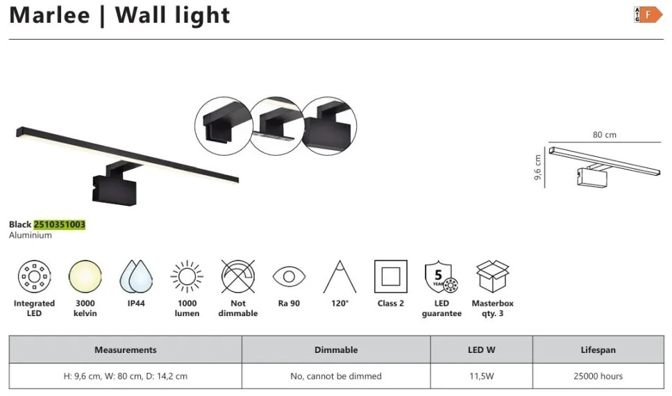Aplica LED Baie, Protectie IP44, Negru, Marlee 80 3000K