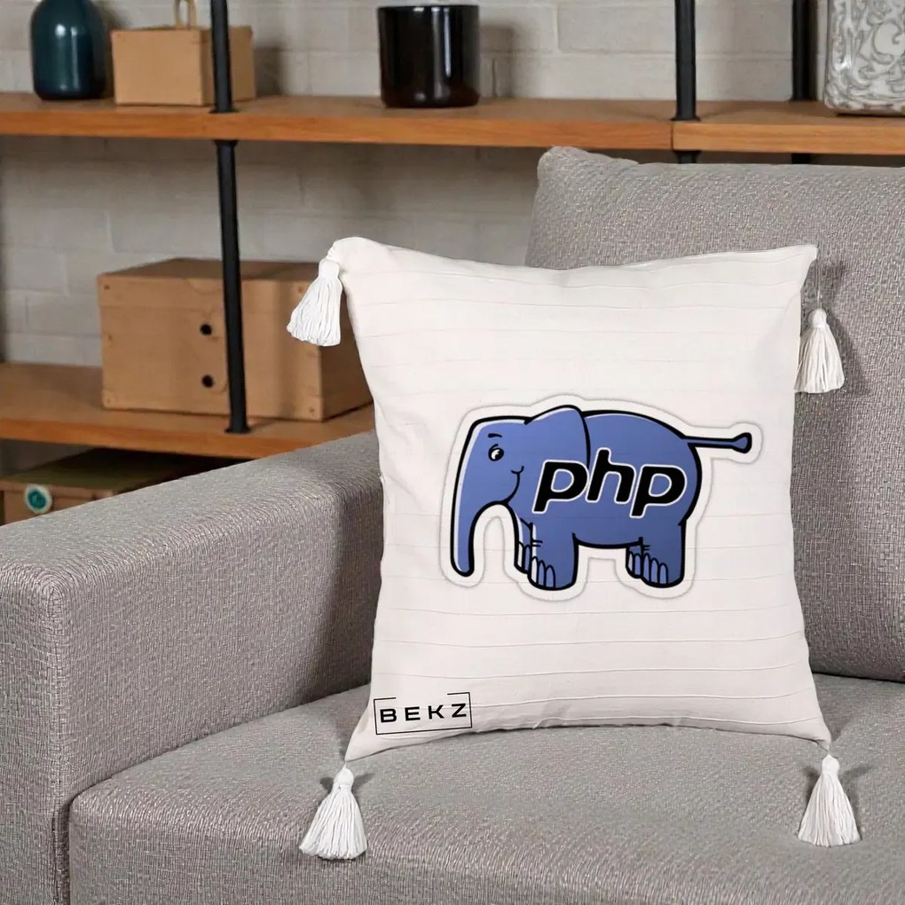Perna Personalizata PHP Elephant, 40x40 cm, Bej cu Franjuri, Husa Detasabila, Perna Inclusa, BEKZ®