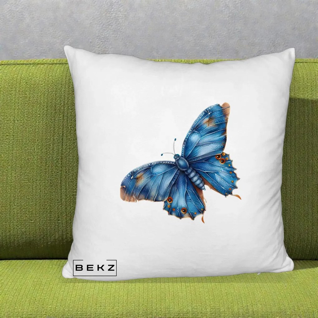Perna Decorativa Fluture Albastru Satin cu Pete Aurii, 40x40 cm, Alb Pufos, Husa Detasabila, Perna Inclusa, BEKZ®