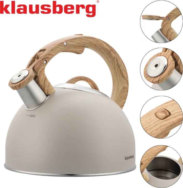 Fierbător fluierător Klausberg KB 7913, 2.5 L, Mâner cu efect de lemn, Inducție, Bej